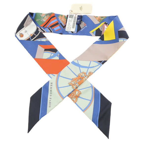 HERMES Twilly Scarf Spring Baguette Marine/Vert/Jaune 100% Silk - Picture 3 of 4